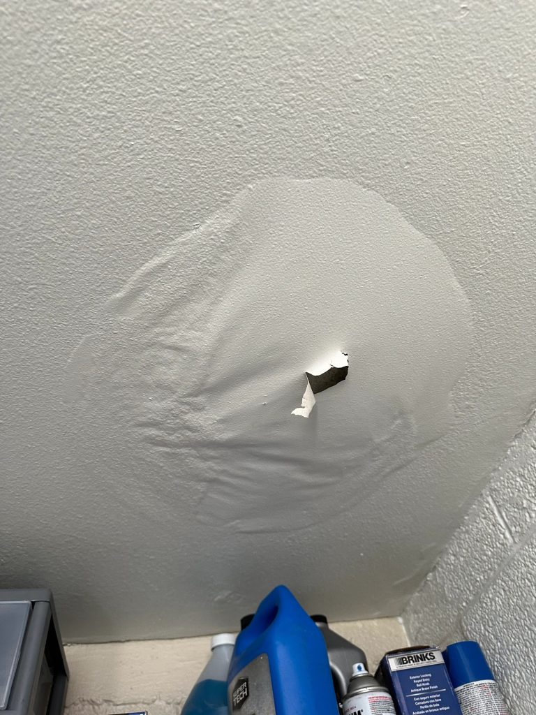Ceiling damage and bubbling drywall detected during a home inspection before renovation.