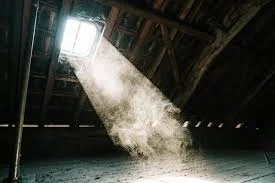 Dust particles in an attic highlighted by sunlight during an asbestos inspection and assessment