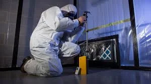 Professional in hazmat suit performing asbestos air quality testing indoors