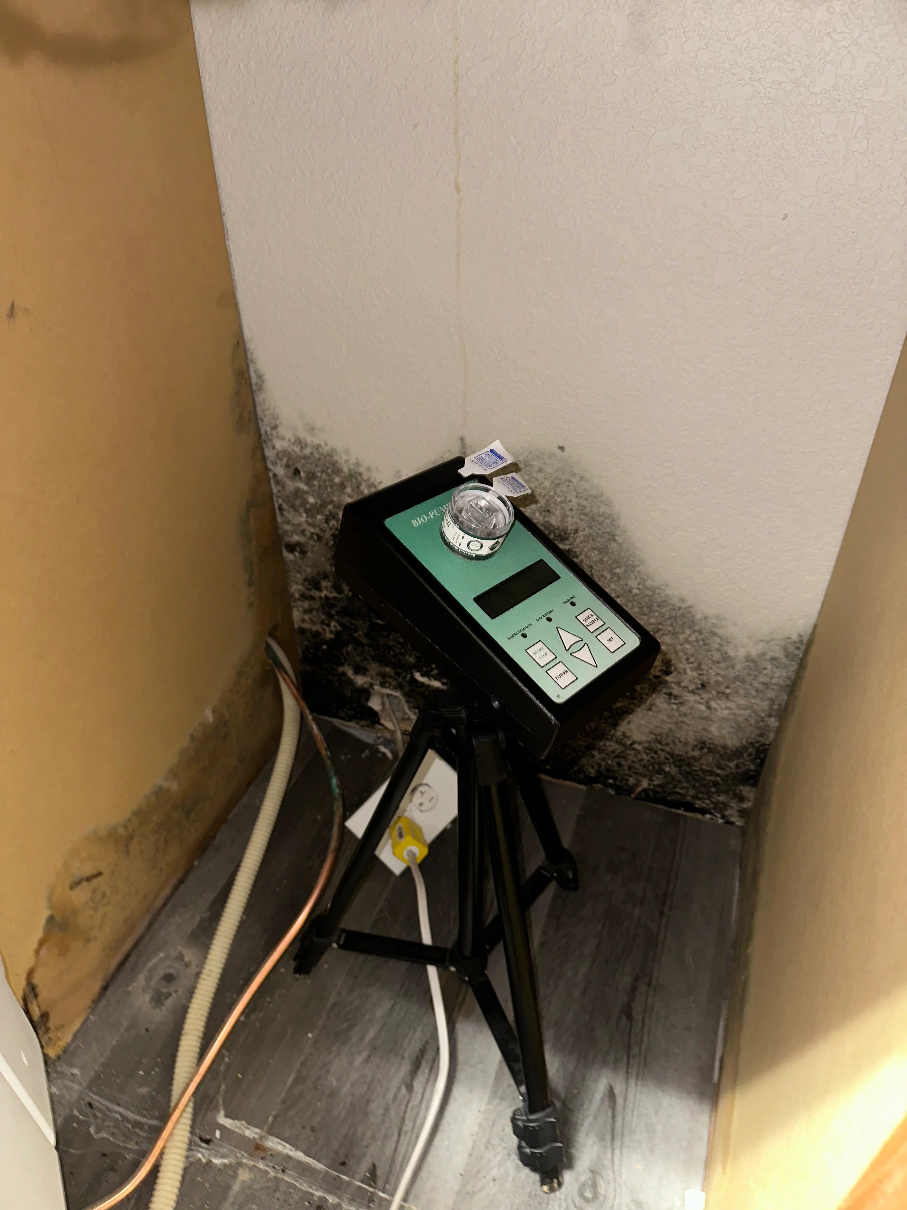 Professional air sampling services testing mold growth in residential wall corner