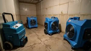 Industrial air movers drying basement floor showing how to prevent mold after a flood