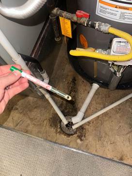 Technician inspecting moisture near water heater drain before mold removal Denver services