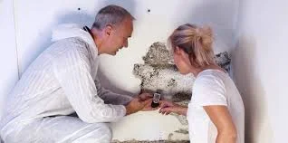 Inspector checking wall mold damage and discussing can you stay in home during mold remediation