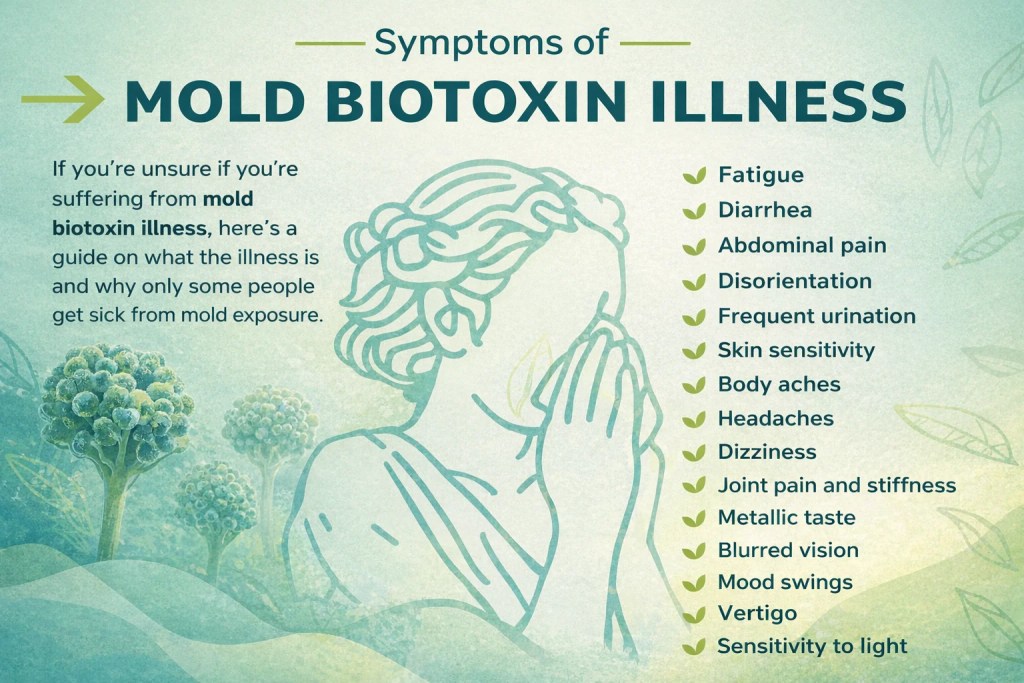 Biotoxin illness symptoms illustrated, including fatigue, headaches, dizziness, and sensitivity to light