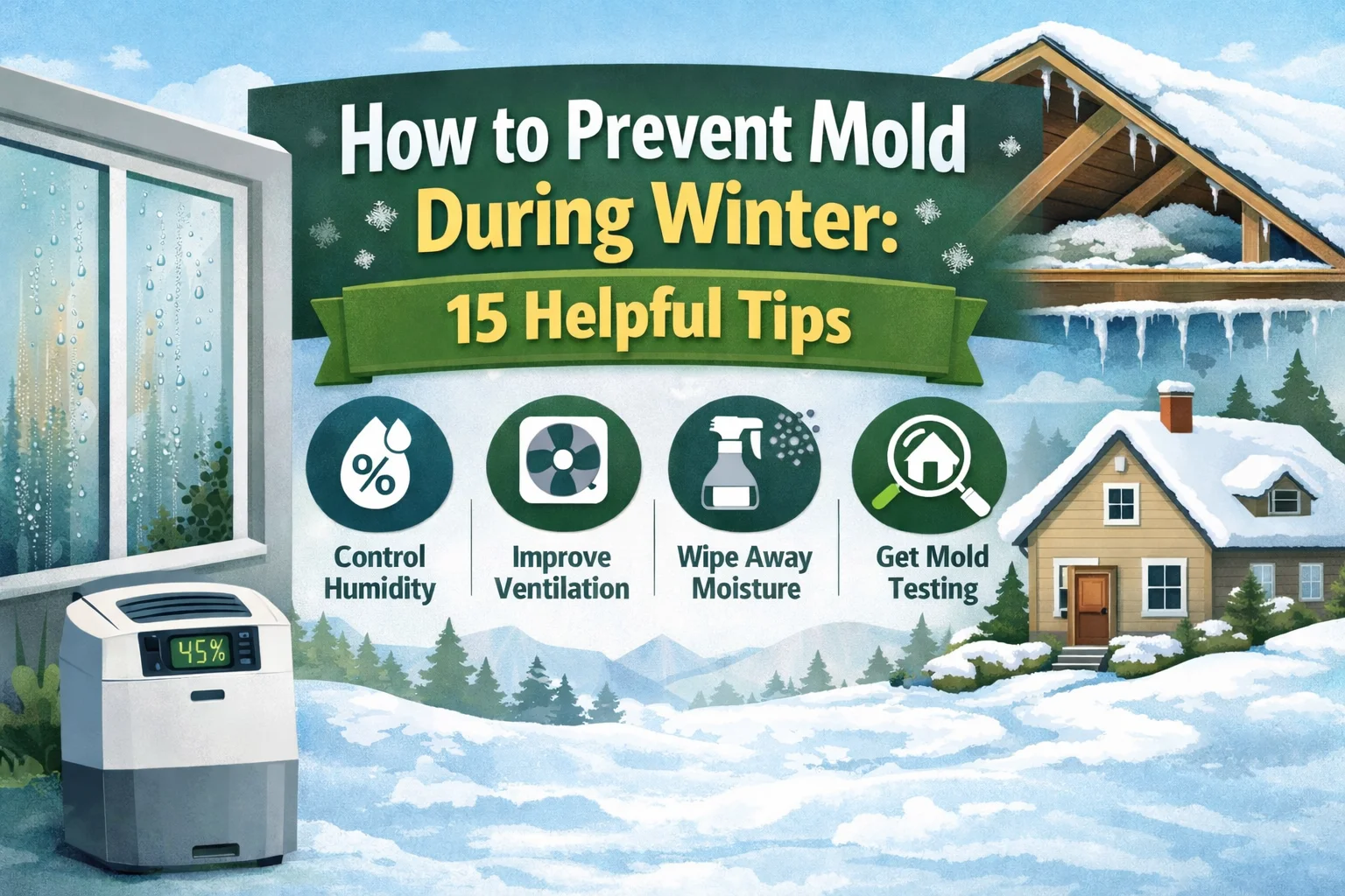 Illustration showing winter moisture risks and tips on how to prevent mold during winter inside the home