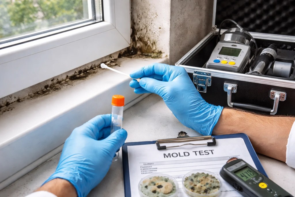 Professional mold testing near a window to assess moisture issues and how to prevent mold during winter