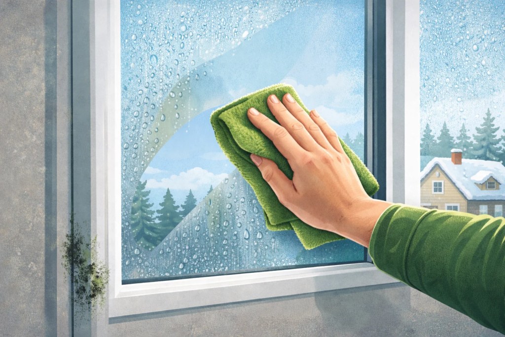 Wiping condensation from a window as a simple step in how to prevent mold during winter