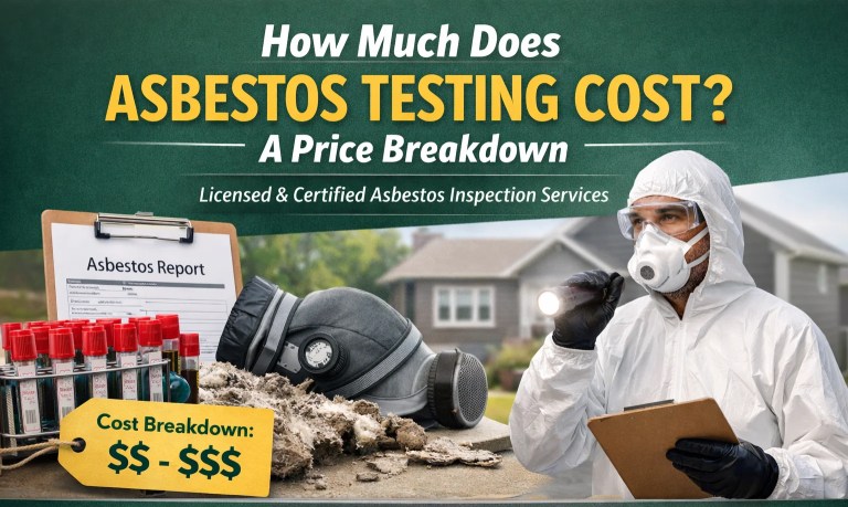 Graphic of an inspector and samples illustrating how much does asbestos testing cost depends on scope.