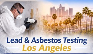 Lead and asbestos testing los angeles services shown with inspector and Los Angeles skyline