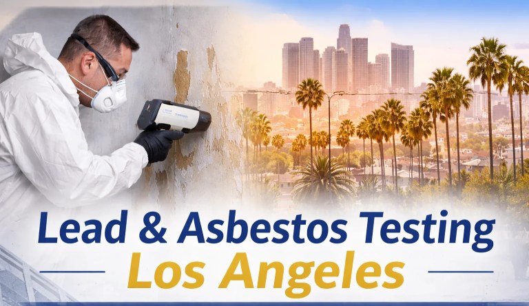 Lead and asbestos testing los angeles services shown with inspector and Los Angeles skyline