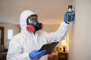 Image of best environmental testing provider using detection equipment during a home inspection