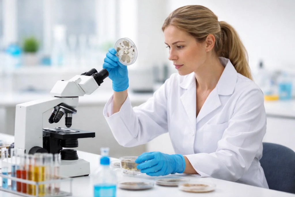 Photo of lab technician analyzing mold sample under microscope to determine how long does mold testing take