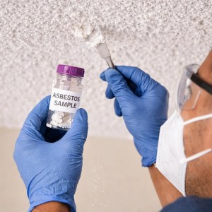 Photo of technician collecting popcorn ceiling sample for popcorn ceiling asbestos test