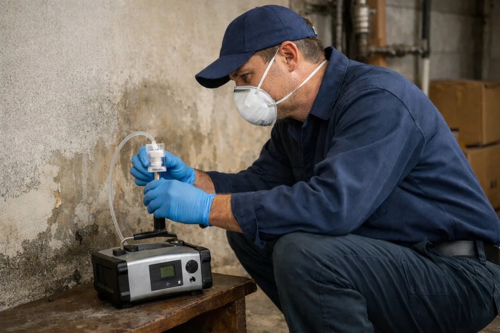 Photo of technician collecting wall sample during mold inspection showing how long does mold testing take