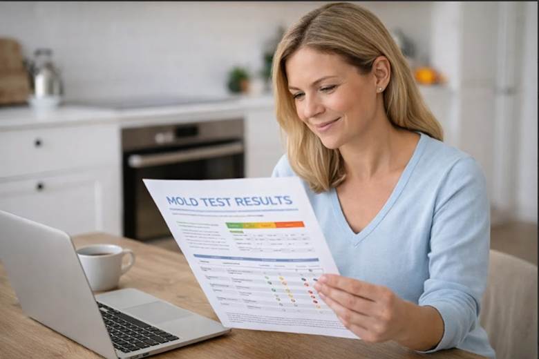 Photo of homeowner reviewing mold test results report illustrating how long does mold testing take